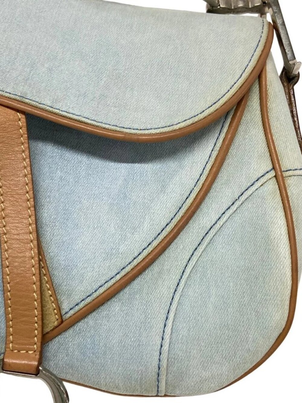 DIOR/ChristianDior Double Saddle Bag - Light Blue Beige Denim Leather - Picture 12 of 15